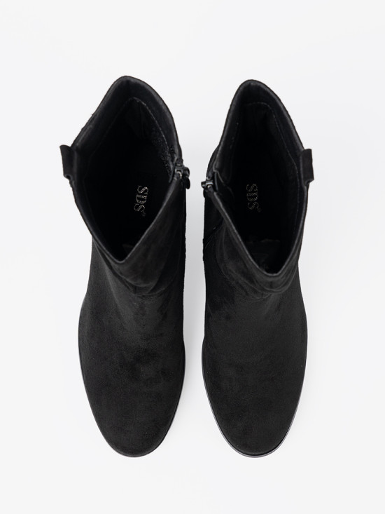 Botine negre din suede cu toc bloc și guler plisat