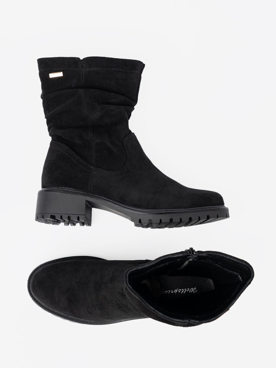 Botine negre cu guler plisat și fermoar