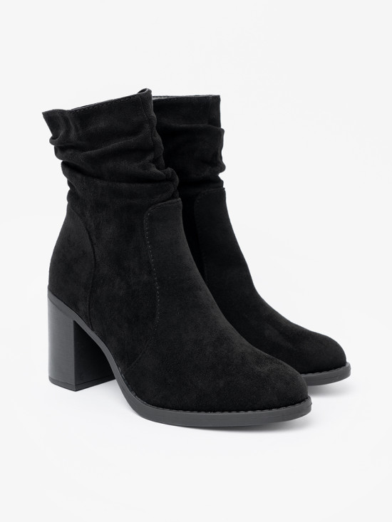 Botine elegante negre cu toc gros și guler plisat