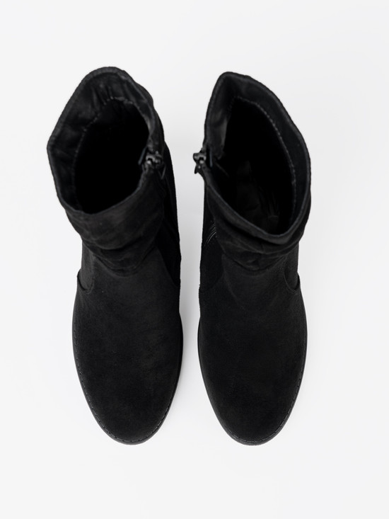 Botine elegante negre cu toc gros și guler plisat