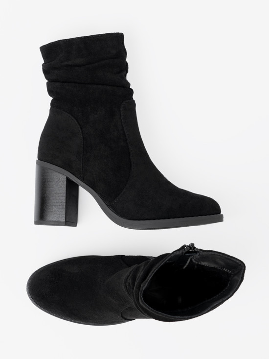 Botine elegante negre cu toc gros și guler plisat