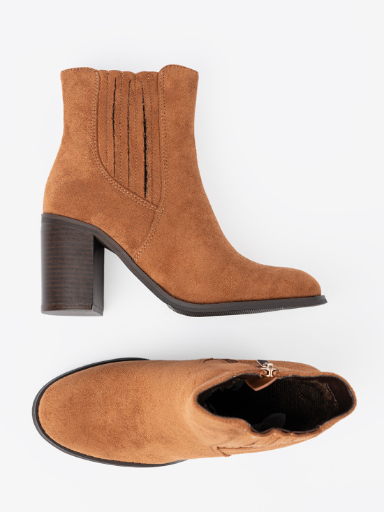 Ghete caramel cu toc gros din piele ecologică întoarsă