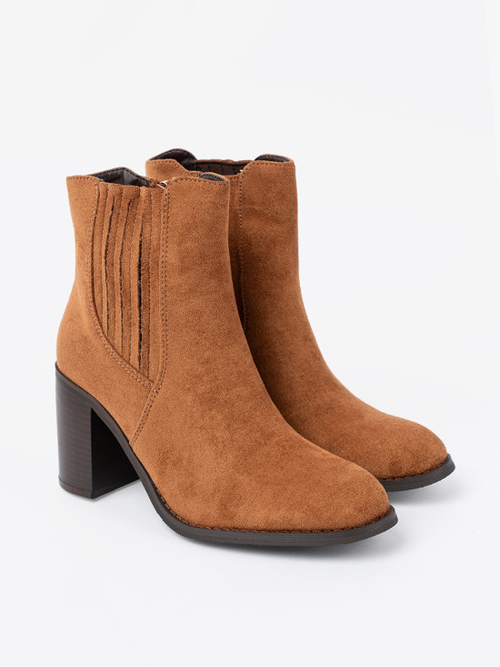 Ghete caramel cu toc gros din piele ecologică întoarsă