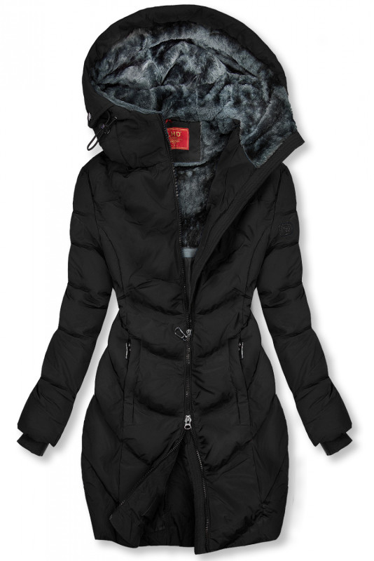 Geacă de iarnă neagră în croială prelungită