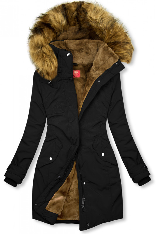 Parka de iarnă neagră cu pluș maro
