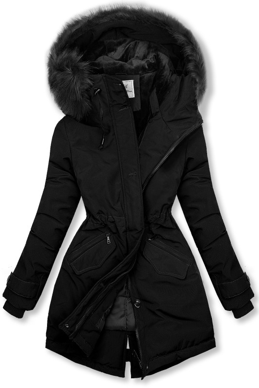 Parka neagră cu blană artificială neagră detașabilă