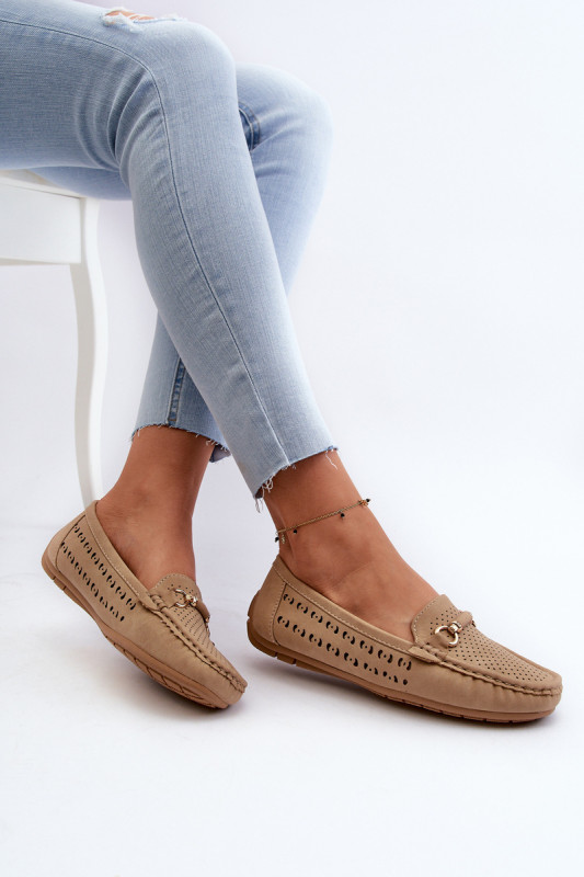 Mocasini maro perforați din piele ecologică cu accesoriu decorativ