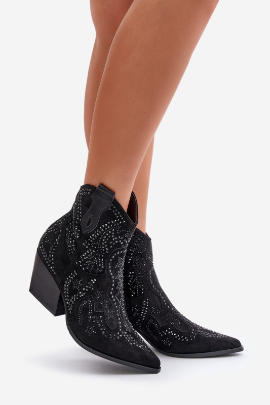 Botine negre decorate cu toc din piele întoarsă ecologică