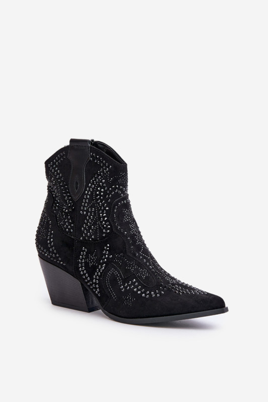 Botine negre decorate cu toc din piele întoarsă ecologică