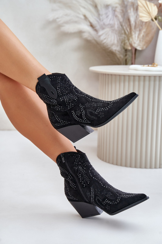 Botine negre decorate cu toc din piele întoarsă ecologică