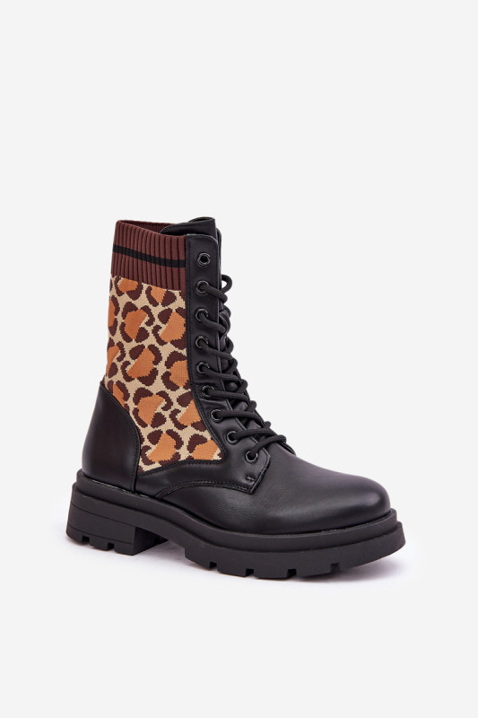 Ghete negre tip workery cu manșetă tip șosetă cu imprimeu leopard