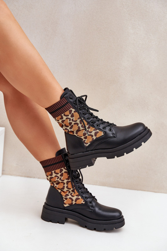 Ghete negre tip workery cu manșetă tip șosetă cu imprimeu leopard