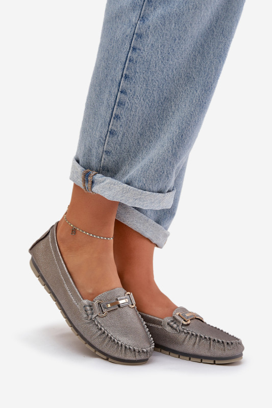 Mocasini plați din piele naturală cu brocart, argintii
