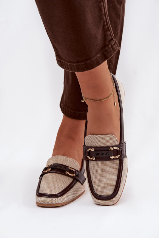Mocasini maro-bej din material textil cu element decorativ