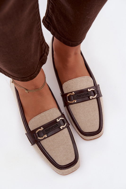 Mocasini maro-bej din material textil cu element decorativ
