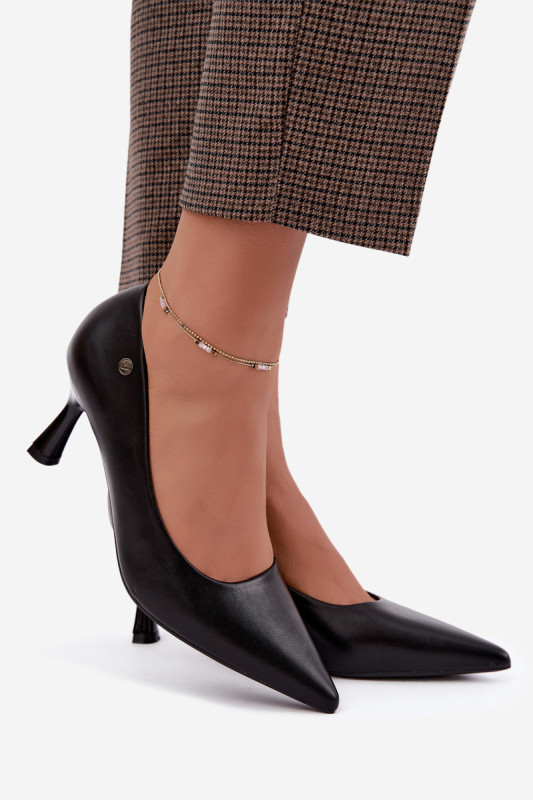 Pantofi eleganți negri cu toc subțire din piele ecologică