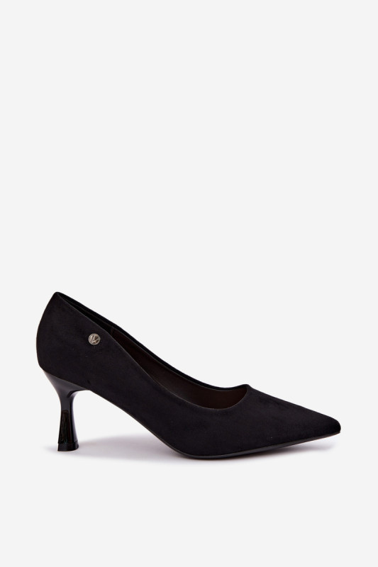 Pantofi eleganți negri cu toc subțire din piele ecologică întoarsă