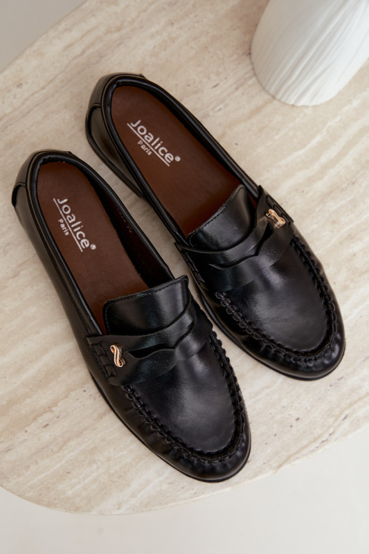Mocasini negri din piele ecologică întoarsă cu detaliu decorativ