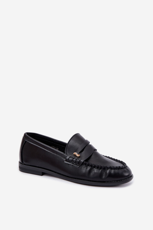 Mocasini negri din piele ecologică întoarsă cu detaliu decorativ