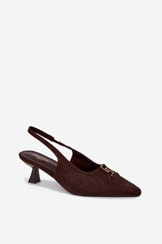 Pantofi eleganți maro din piele întoarsă ecologică cu toc gros și detaliu decorativ