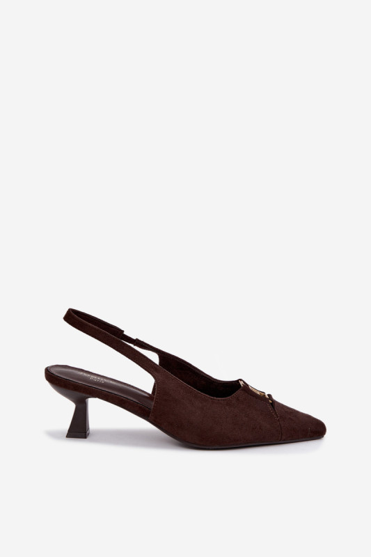 Pantofi eleganți maro din piele întoarsă ecologică cu toc gros și detaliu decorativ