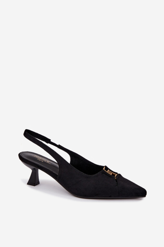 Pantofi eleganți negri cu toc gros, călcâi decupat și detaliu decorativ