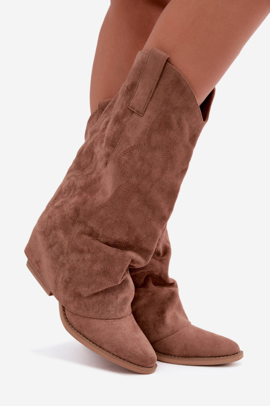 Cizme cowboy cu toc și gambă răsucită din piele ecologică întoarsă maro