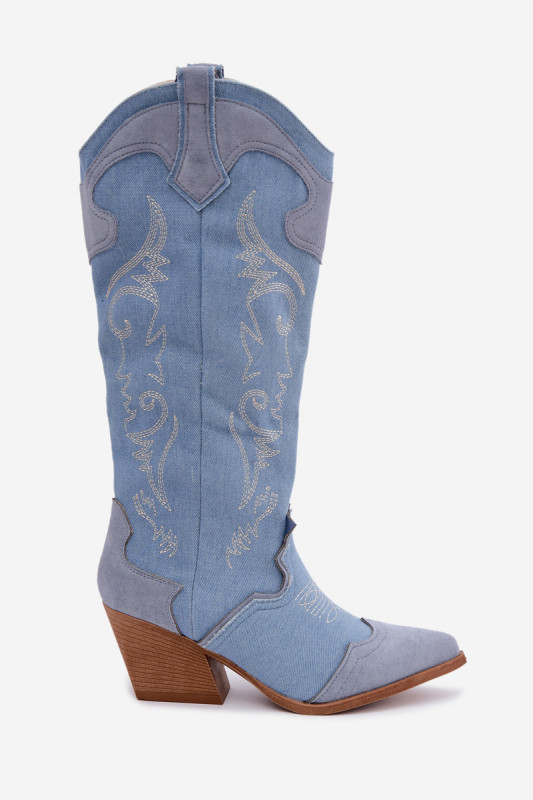 Cizme western din denim cu toc gros