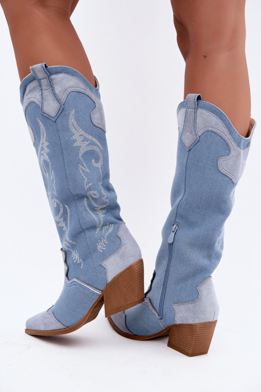 Cizme western din denim cu toc gros