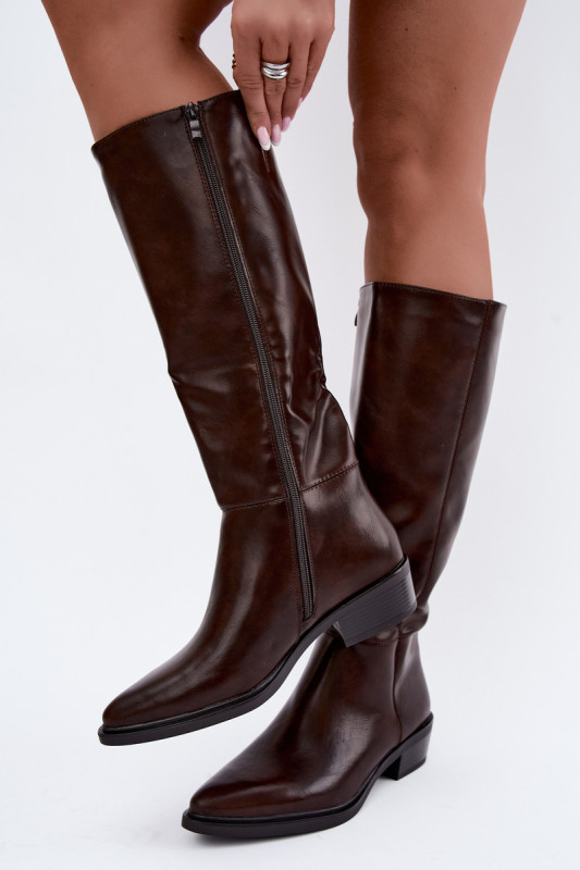Cizme maro căptușite peste genunchi cu toc jos