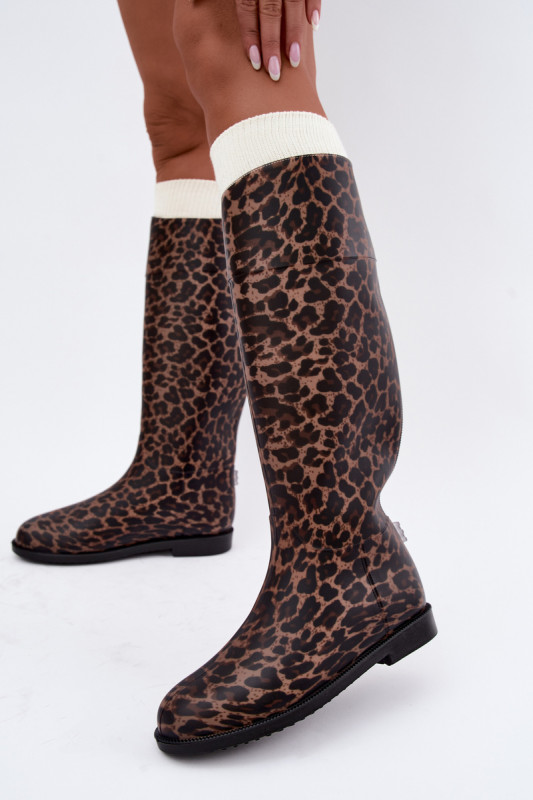 Cizme de cauciuc înalte maro cu toc plat și imprimeu animal print