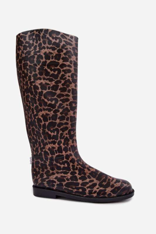 Cizme de cauciuc înalte maro cu toc plat și imprimeu animal print