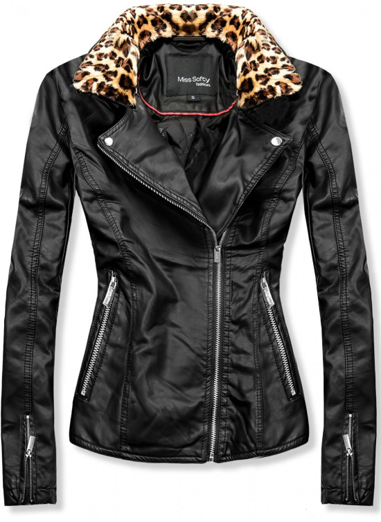 Geacă neagră din imitație de piele cu guler de blană