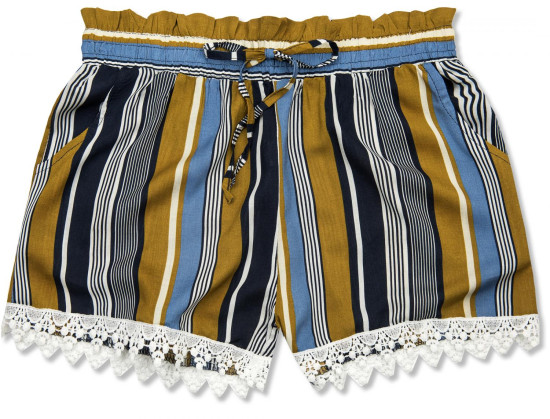 Pantaloni scurți kaki-albastru cu dungi și dantelă