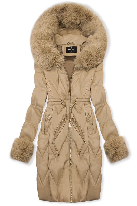 Palton matlasat din piele sintetică cu blană artificială, bej