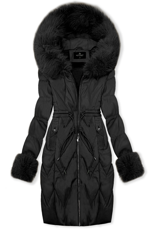 Palton matlasat din piele sintetică cu blană artificială, negru