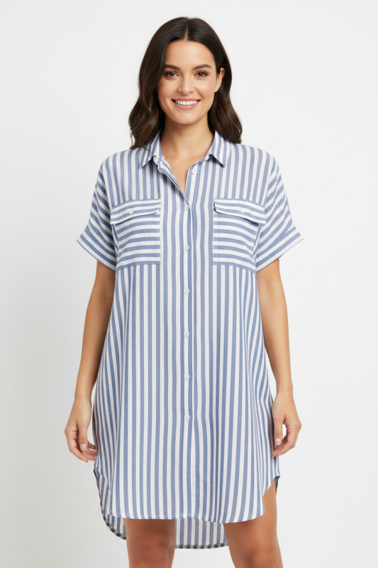 Rochie cămașă din bumbac cu dungi alb/albastru