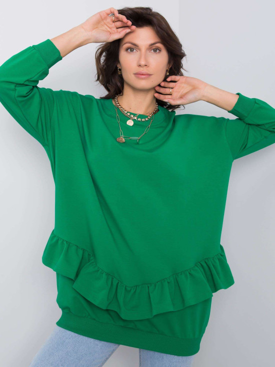 Pulover verde din bumbac cu volane