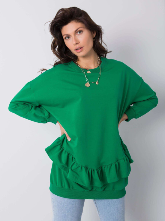 Pulover verde din bumbac cu volane