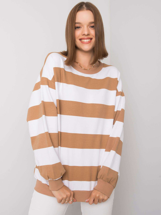 Bluza albă-camel fără glugă cu dungi