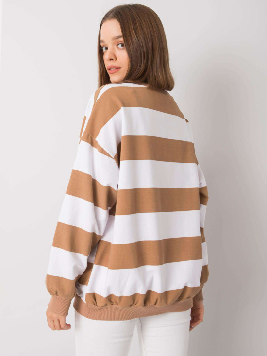 Bluza albă-camel fără glugă cu dungi