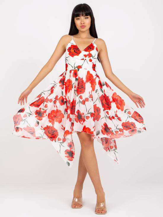 Rochie albă-roșie cu flori pe bretele