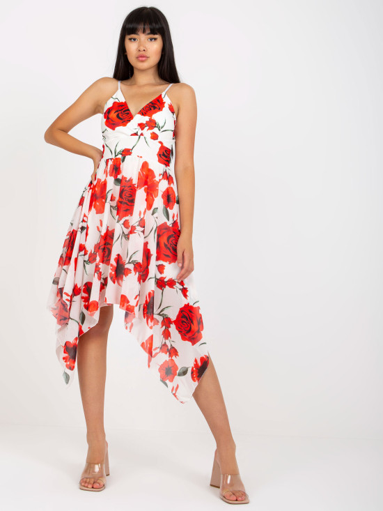 Rochie albă-roșie cu flori pe bretele