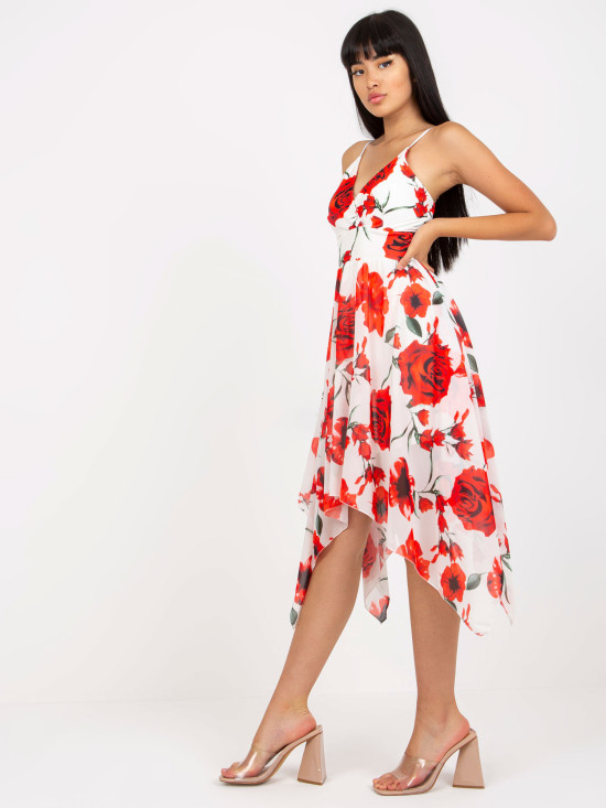 Rochie albă-roșie cu flori pe bretele
