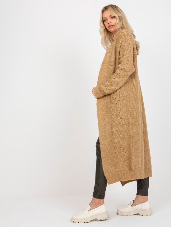 Cardigan maxi camel cu model perforat
