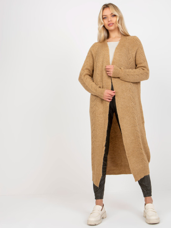 Cardigan maxi camel cu model perforat