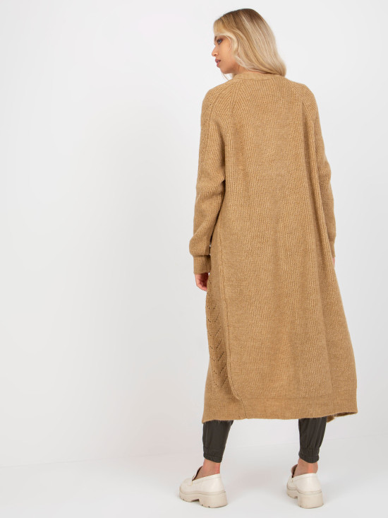 Cardigan maxi camel cu model perforat