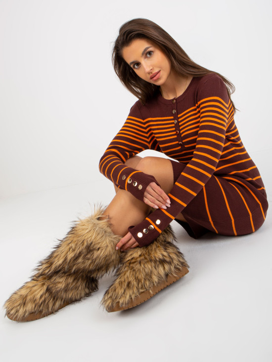 Rochie striată ajustată maro închis