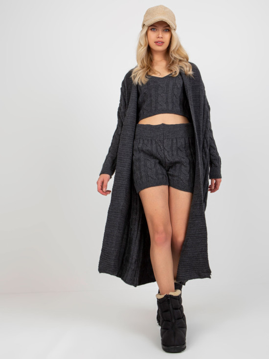 Set tricotat în trei piese, gri închis, cu cardigan