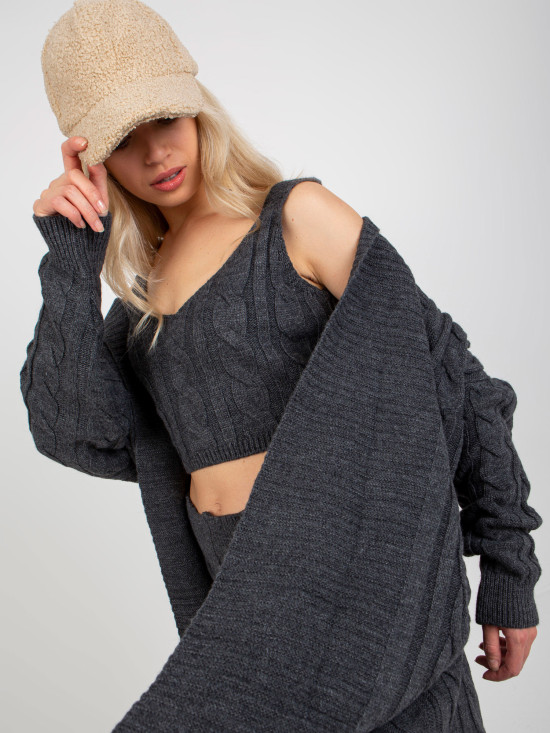 Set tricotat în trei piese, gri închis, cu cardigan
